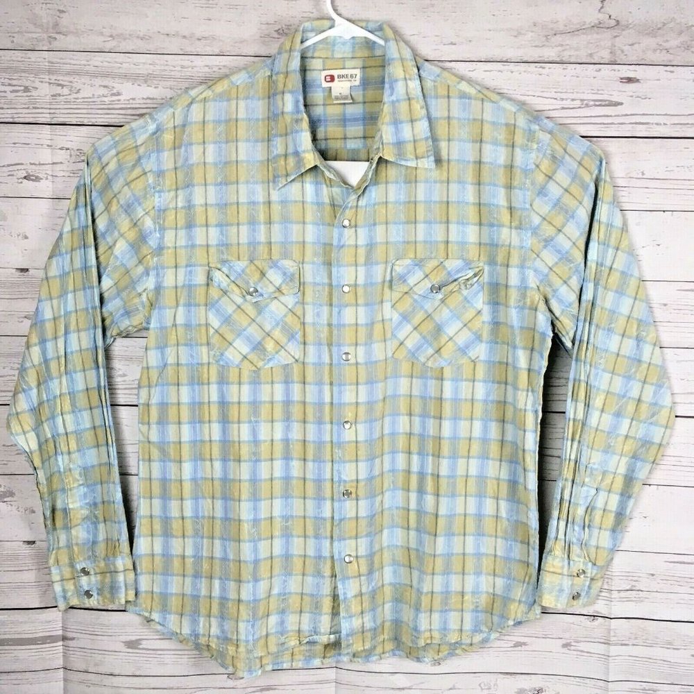 BKE 67 Mens Button Up Shirt Long Sleeve XL Blue Yellow Pearl Snap Buttons Buckle